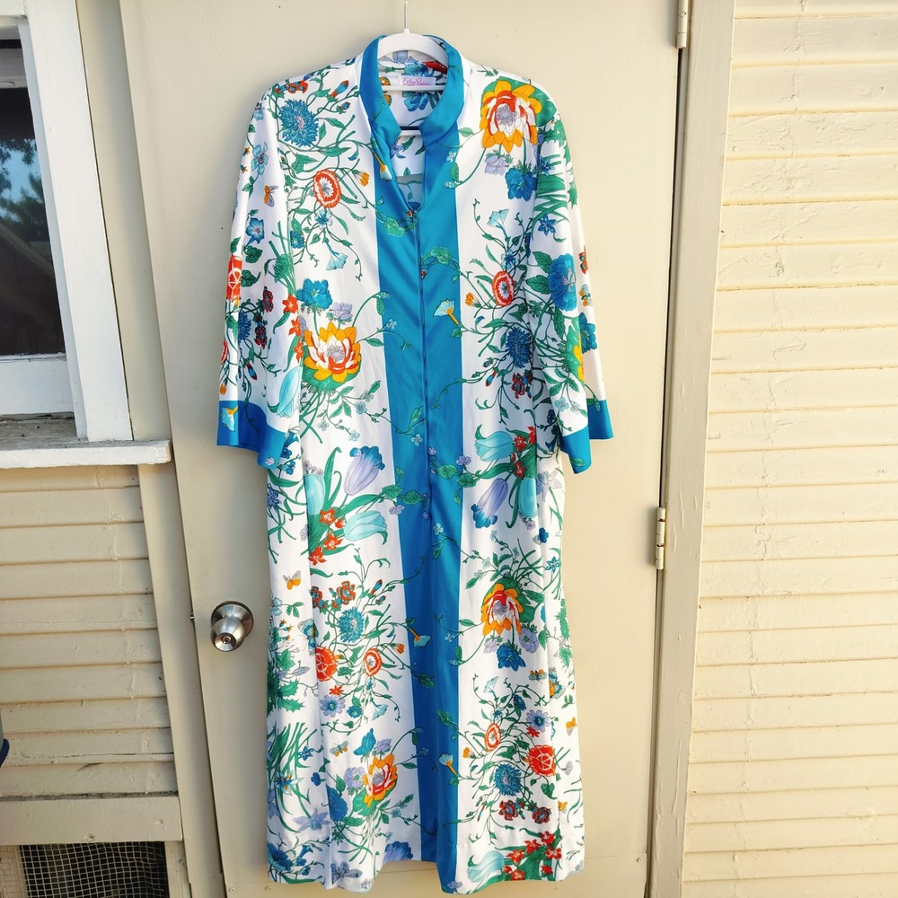 Vintage Evelyn Pearson Floral Kimono-style Dress White‎ Blue Long Sleeve Pockets